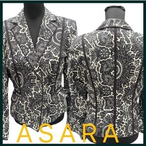 Asara Black/Cream Print Cotton Stretch One Button Short Fitted Blazer (8)